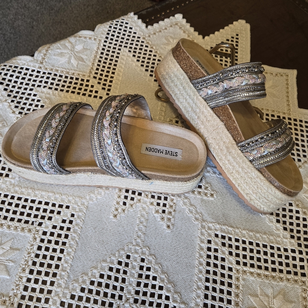 Steve Madden Metallic Braided Platform Slide Sandals - Silver - Picture 9 of 12